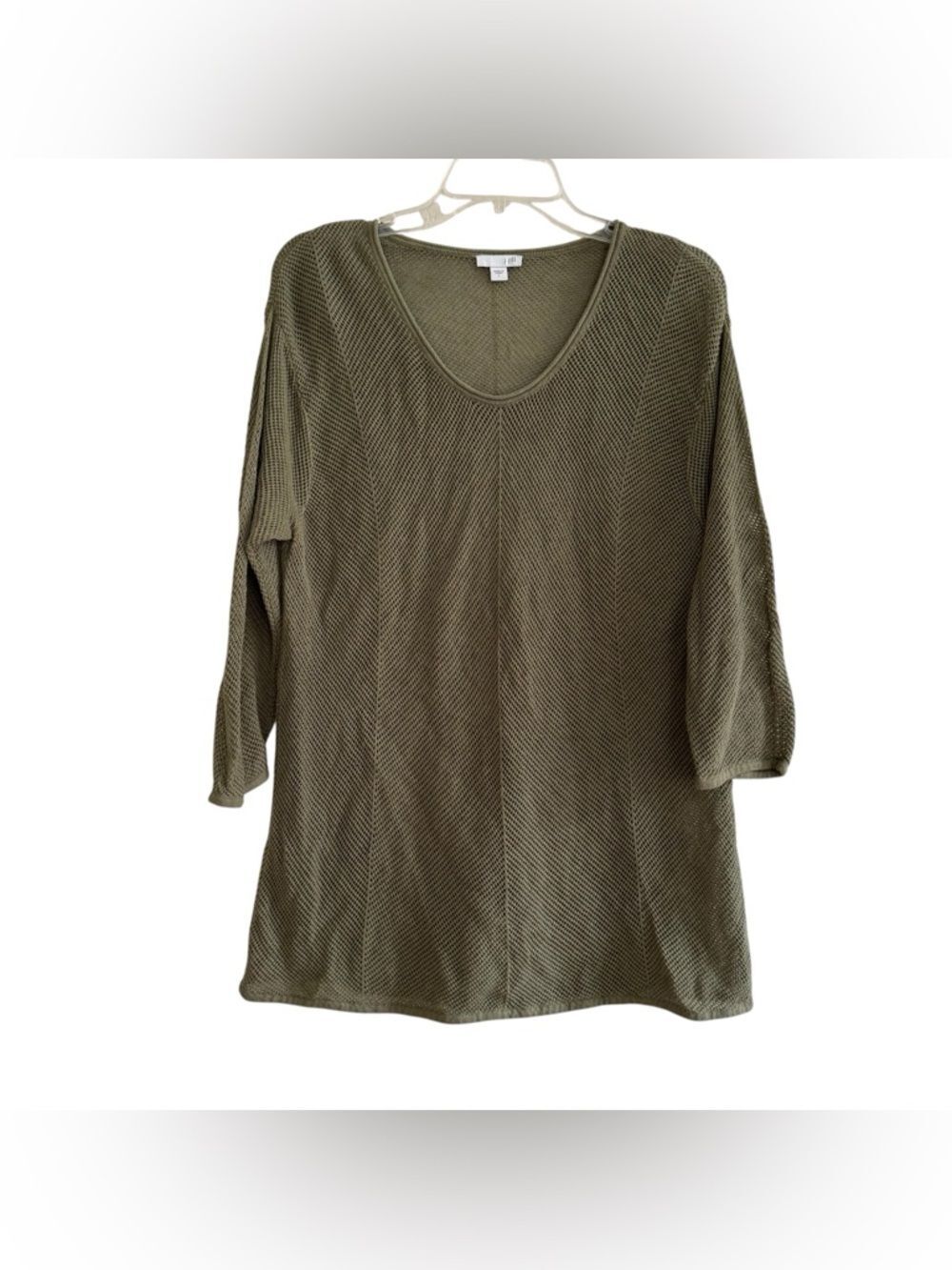 J Jill Caper Olive Green Open Knit Tunic Top Pullover Sweater V-Neck Earthy L